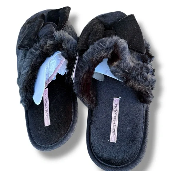 Victoria’s Secret Faux Fur Slippers Black Velvet Bow Medium 7-8 NWT Plush Cozy - Picture 3 of 6